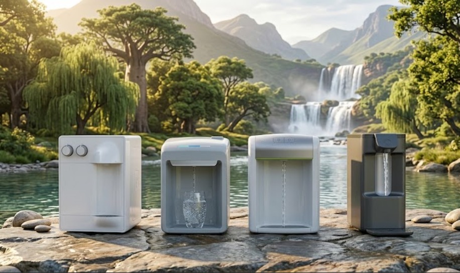 Diversos modelos de purificadores de água em cenário natural com cachoeira