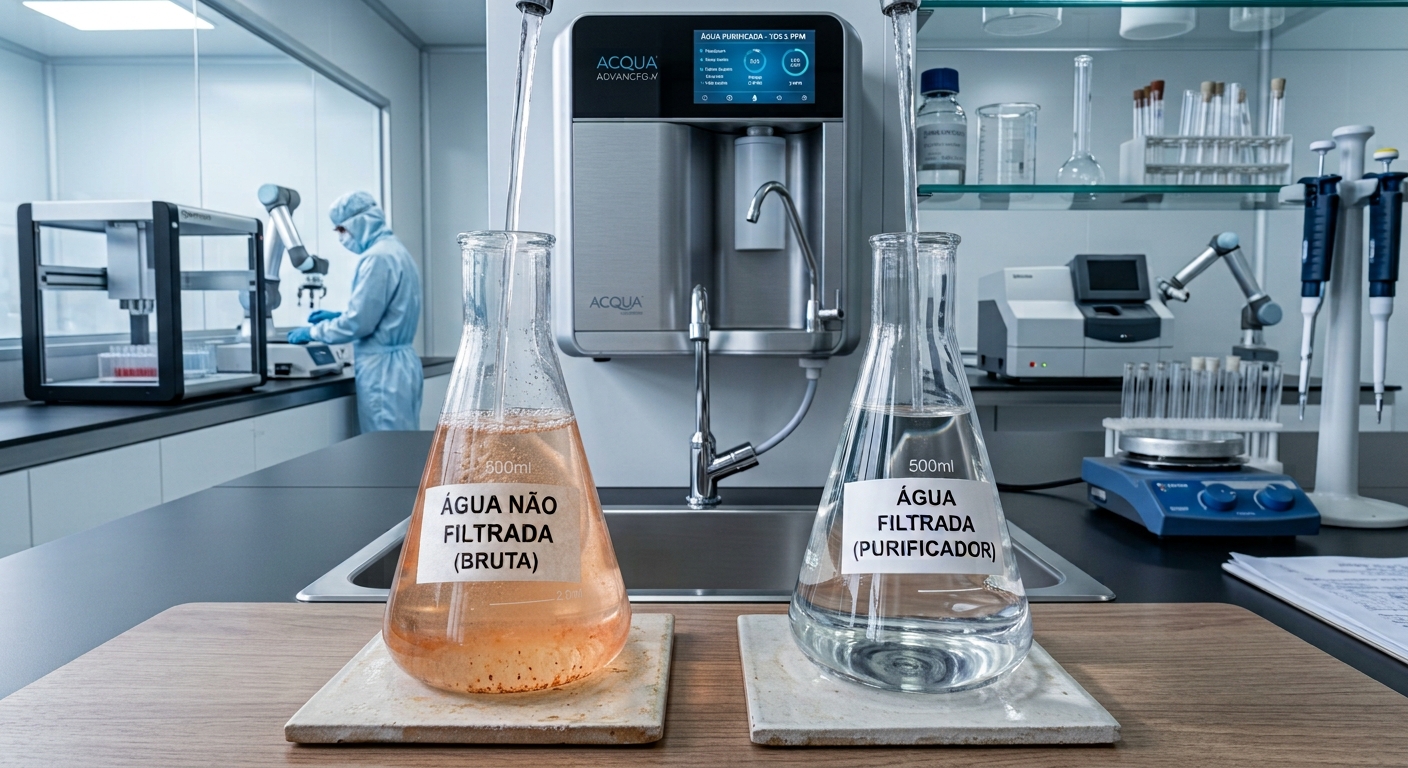 Comparativo entre água não filtrada (bruta) e água filtrada pelo purificador