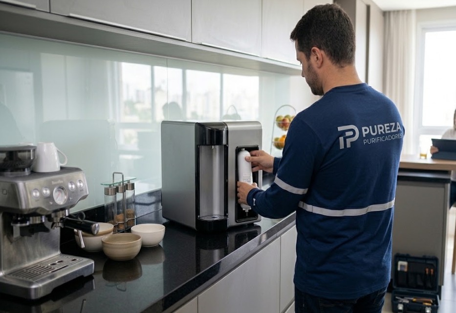 Técnico da Pureza instalando purificador de água em cozinha moderna